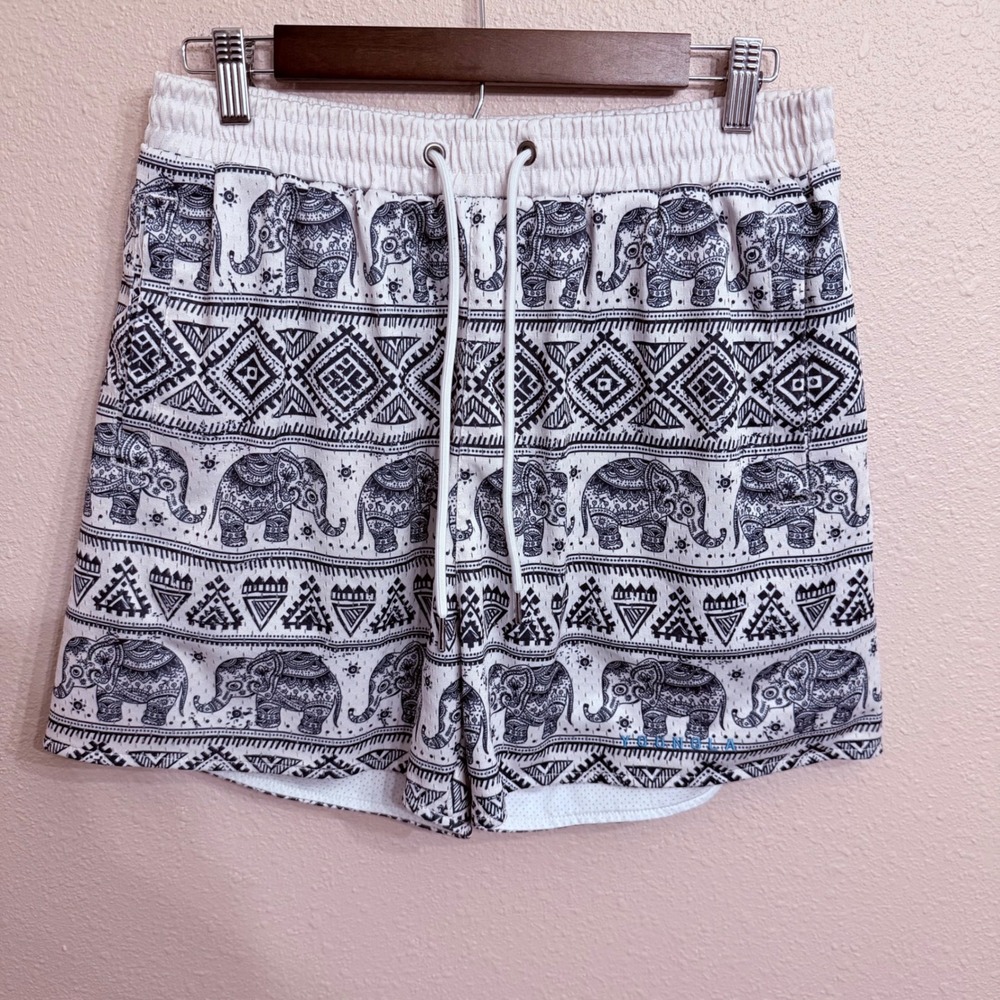 YoungLA Mens After Party Tribal Elephant Gym Shorts White Black Large
